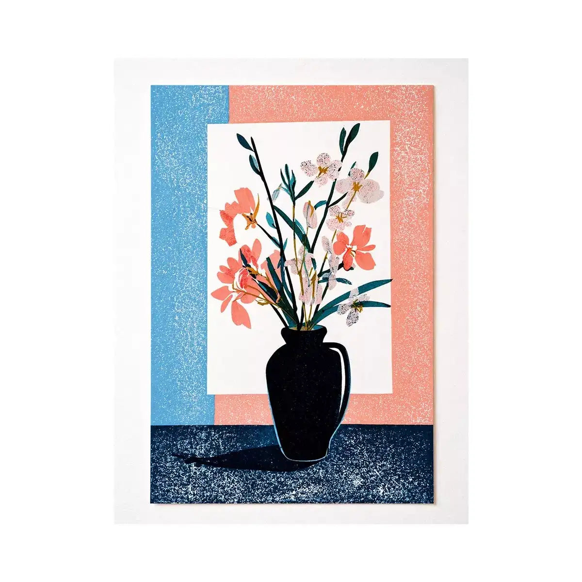 minimalist floral vase wall art, pastel botanical print modern decor, japandi flower vase illustration, scandinavian still life artwork, soft pink blue floral canvas