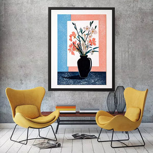 minimalist floral vase wall art, pastel botanical print modern decor, japandi flower vase illustration, scandinavian still life artwork, soft pink blue floral canvas
