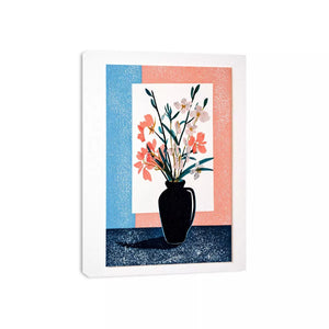 minimalist floral vase wall art, pastel botanical print modern decor, japandi flower vase illustration, scandinavian still life artwork, soft pink blue floral canvas