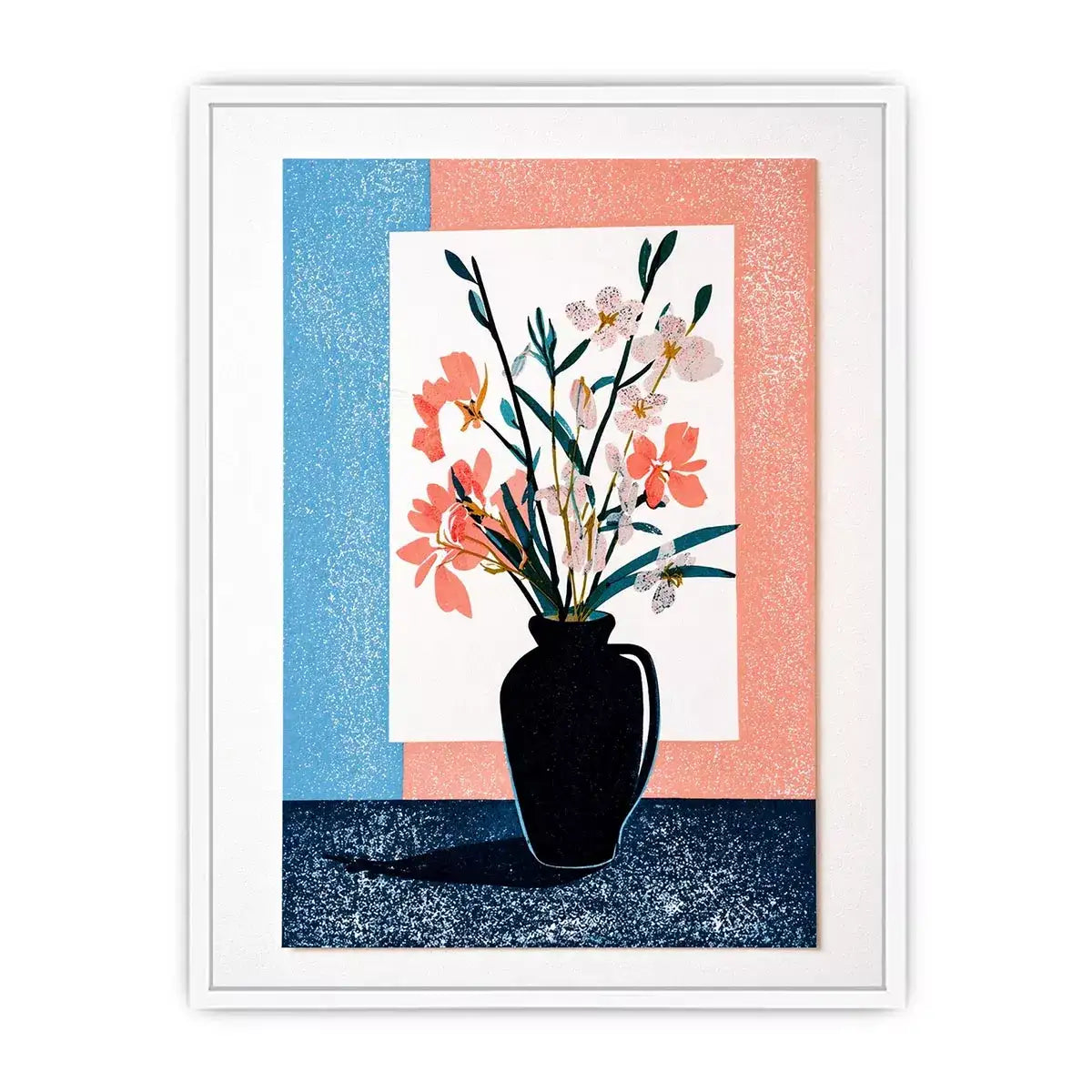 minimalist floral vase wall art, pastel botanical print modern decor, japandi flower vase illustration, scandinavian still life artwork, soft pink blue floral canvas