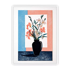 minimalist floral vase wall art, pastel botanical print modern decor, japandi flower vase illustration, scandinavian still life artwork, soft pink blue floral canvas