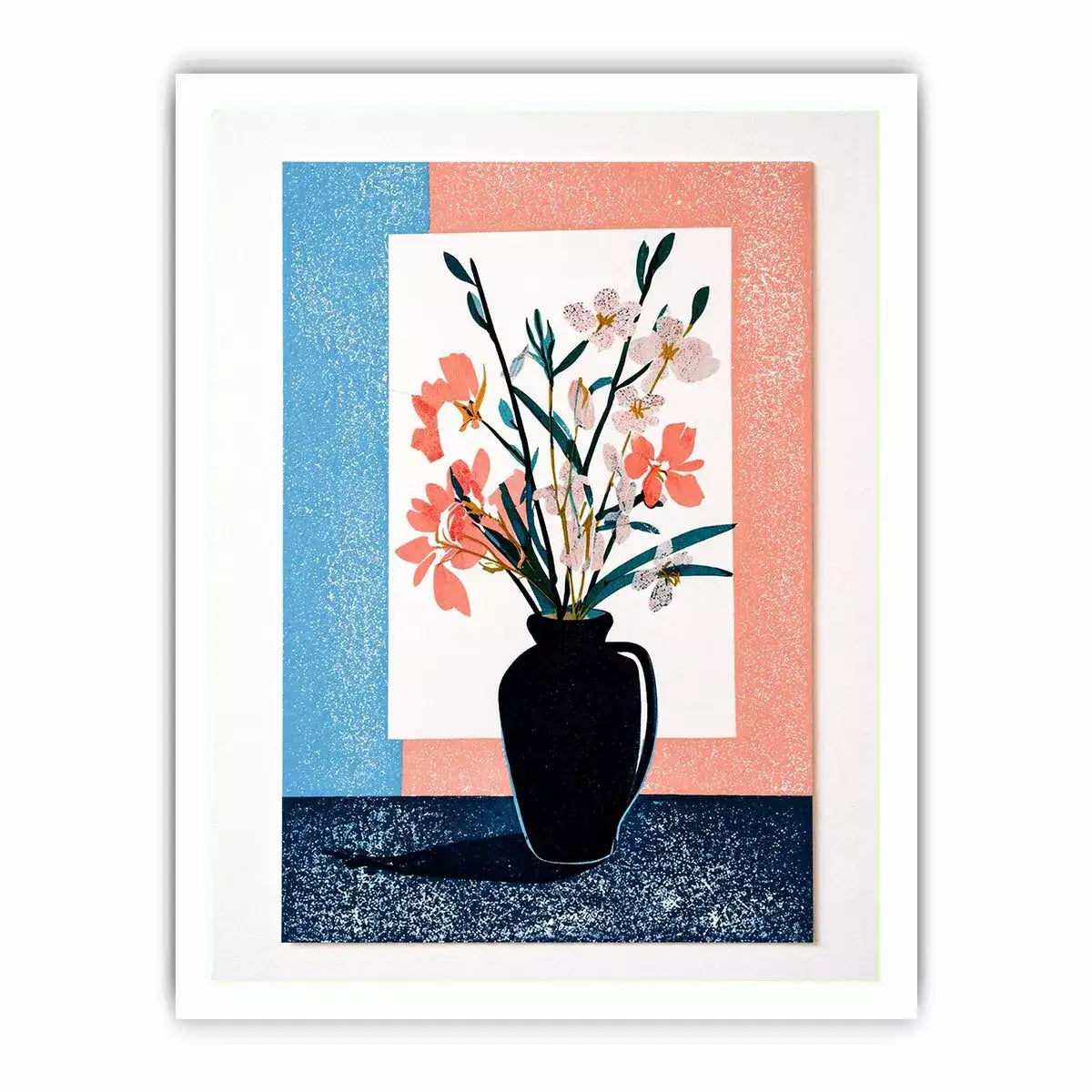 minimalist floral vase wall art, pastel botanical print modern decor, japandi flower vase illustration, scandinavian still life artwork, soft pink blue floral canvas