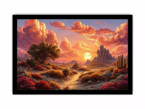 desert sunset landscape wall art, warm sky desert canvas print, boho desert scenery artwork, pastel sky landscape painting, cactus desert sunset illustration