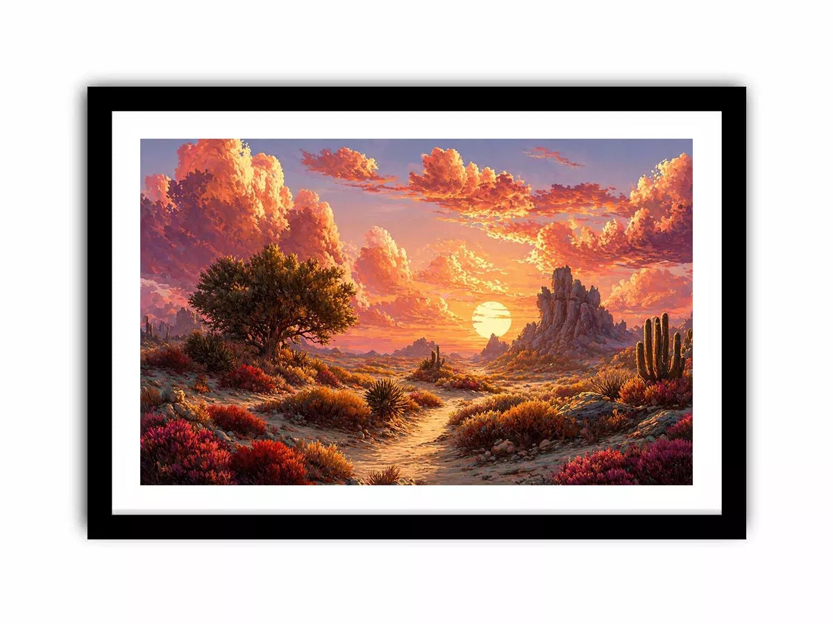 desert sunset landscape wall art, warm sky desert canvas print, boho desert scenery artwork, pastel sky landscape painting, cactus desert sunset illustration