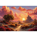 desert sunset landscape wall art, warm sky desert canvas print, boho desert scenery artwork, pastel sky landscape painting, cactus desert sunset illustration