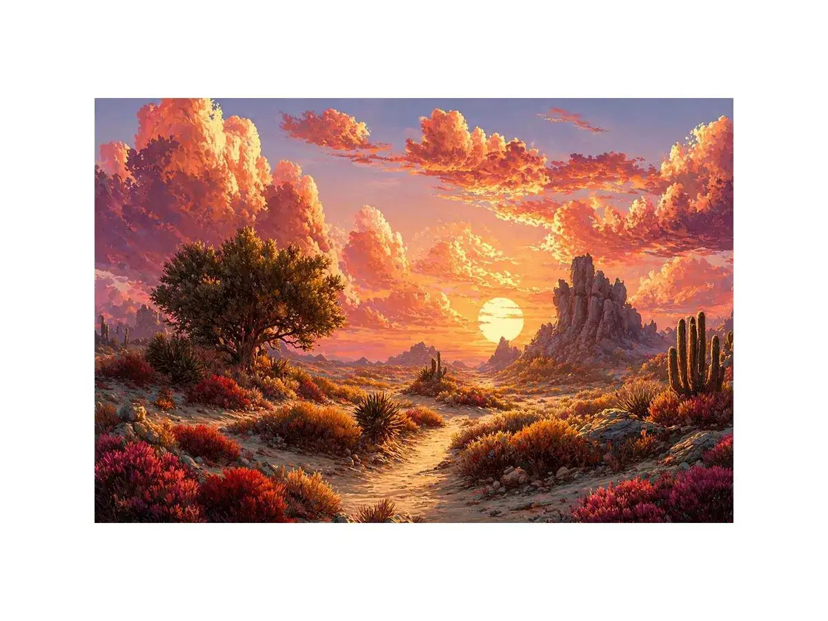 desert sunset landscape wall art, warm sky desert canvas print, boho desert scenery artwork, pastel sky landscape painting, cactus desert sunset illustration