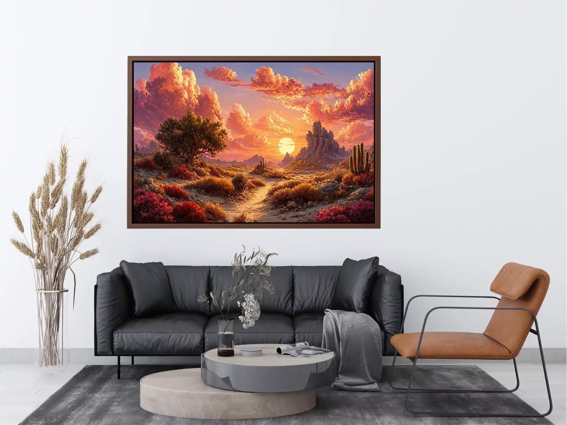desert sunset landscape wall art, warm sky desert canvas print, boho desert scenery artwork, pastel sky landscape painting, cactus desert sunset illustration