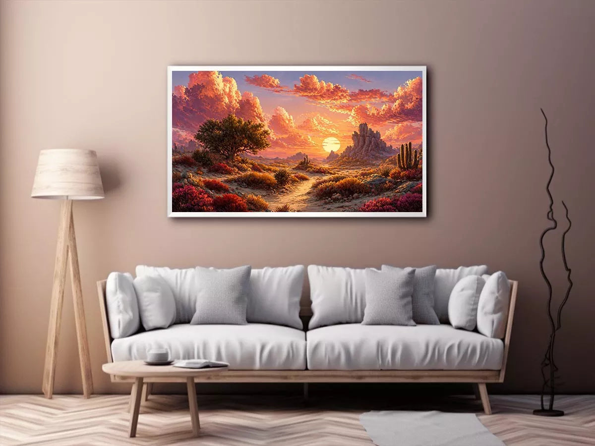 desert sunset landscape wall art, warm sky desert canvas print, boho desert scenery artwork, pastel sky landscape painting, cactus desert sunset illustration