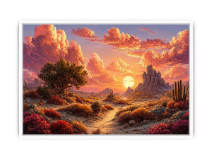 desert sunset landscape wall art, warm sky desert canvas print, boho desert scenery artwork, pastel sky landscape painting, cactus desert sunset illustration