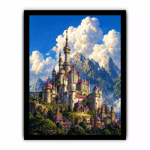 fantasy castle wall art, majestic palace mountain canvas, dreamy sky castle artwork, medieval fantasy architecture print, luxury castle landscape illustration