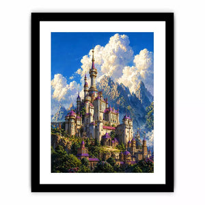 fantasy castle wall art, majestic palace mountain canvas, dreamy sky castle artwork, medieval fantasy architecture print, luxury castle landscape illustration