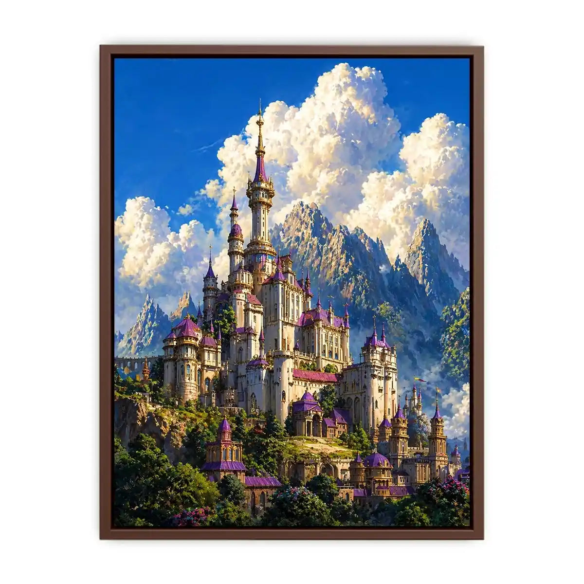 fantasy castle wall art, majestic palace mountain canvas, dreamy sky castle artwork, medieval fantasy architecture print, luxury castle landscape illustration