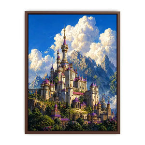 fantasy castle wall art, majestic palace mountain canvas, dreamy sky castle artwork, medieval fantasy architecture print, luxury castle landscape illustration