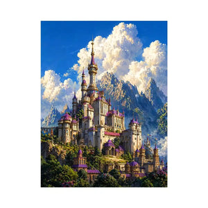fantasy castle wall art, majestic palace mountain canvas, dreamy sky castle artwork, medieval fantasy architecture print, luxury castle landscape illustration