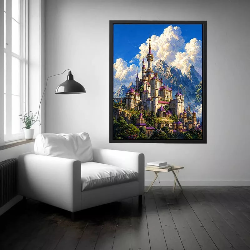 fantasy castle wall art, majestic palace mountain canvas, dreamy sky castle artwork, medieval fantasy architecture print, luxury castle landscape illustration