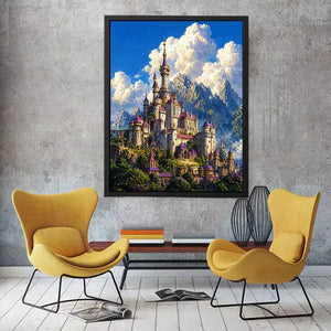 fantasy castle wall art, majestic palace mountain canvas, dreamy sky castle artwork, medieval fantasy architecture print, luxury castle landscape illustration