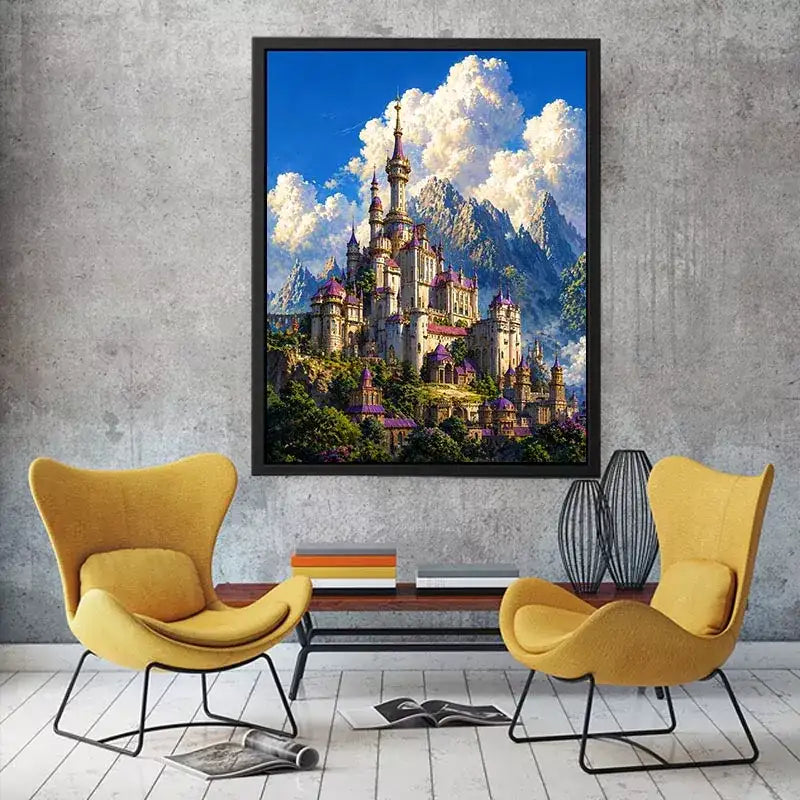 fantasy castle wall art, majestic palace mountain canvas, dreamy sky castle artwork, medieval fantasy architecture print, luxury castle landscape illustration