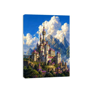 fantasy castle wall art, majestic palace mountain canvas, dreamy sky castle artwork, medieval fantasy architecture print, luxury castle landscape illustration