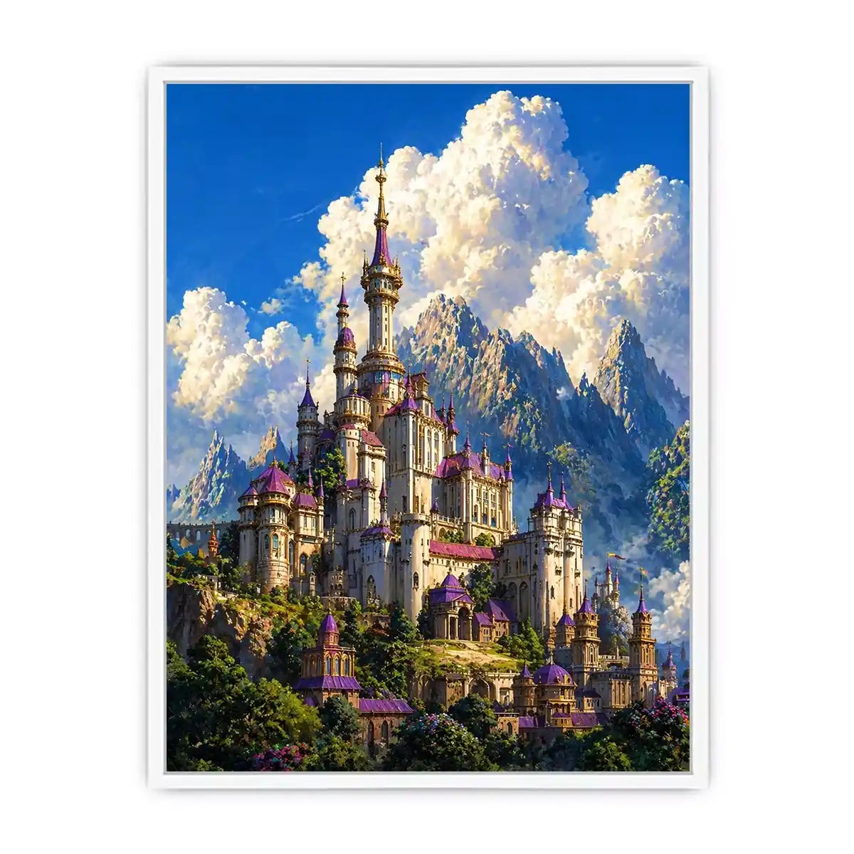 fantasy castle wall art, majestic palace mountain canvas, dreamy sky castle artwork, medieval fantasy architecture print, luxury castle landscape illustration