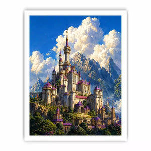 fantasy castle wall art, majestic palace mountain canvas, dreamy sky castle artwork, medieval fantasy architecture print, luxury castle landscape illustration