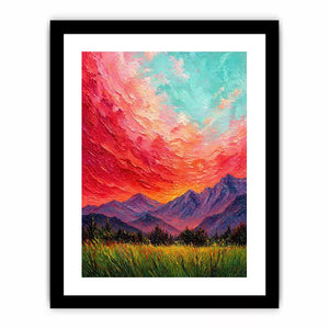 abstract sunset landscape wall art, textured sky painting canvas, red sky mountain artwork, expressive landscape painting modern decor, colorful abstract nature art