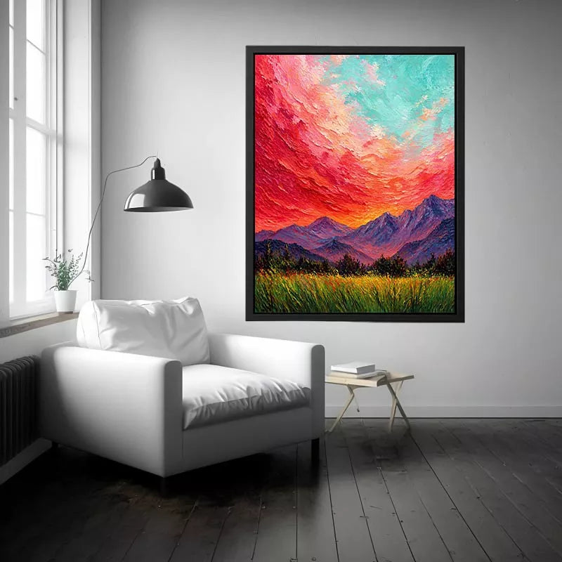 abstract sunset landscape wall art, textured sky painting canvas, red sky mountain artwork, expressive landscape painting modern decor, colorful abstract nature art