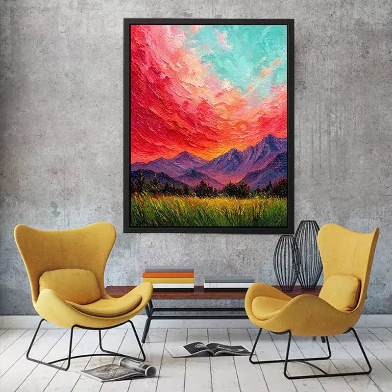 abstract sunset landscape wall art, textured sky painting canvas, red sky mountain artwork, expressive landscape painting modern decor, colorful abstract nature art
