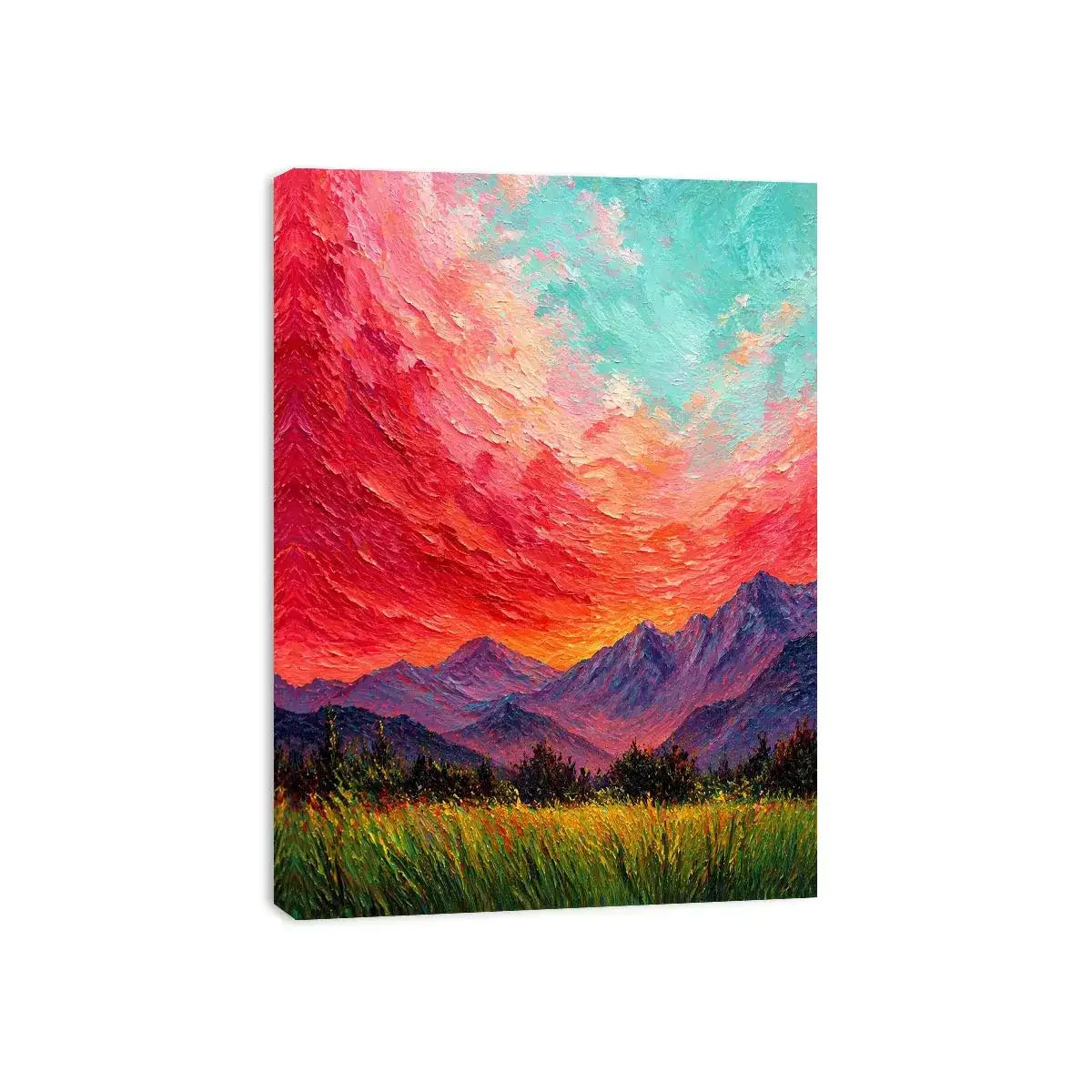 abstract sunset landscape wall art, textured sky painting canvas, red sky mountain artwork, expressive landscape painting modern decor, colorful abstract nature art