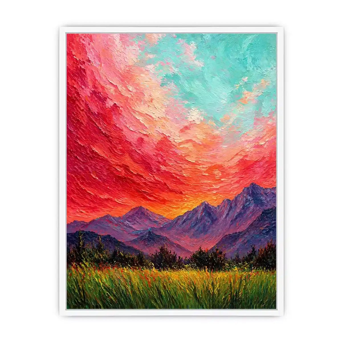abstract sunset landscape wall art, textured sky painting canvas, red sky mountain artwork, expressive landscape painting modern decor, colorful abstract nature art
