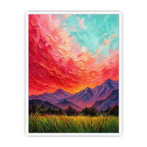 abstract sunset landscape wall art, textured sky painting canvas, red sky mountain artwork, expressive landscape painting modern decor, colorful abstract nature art