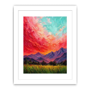 abstract sunset landscape wall art, textured sky painting canvas, red sky mountain artwork, expressive landscape painting modern decor, colorful abstract nature art