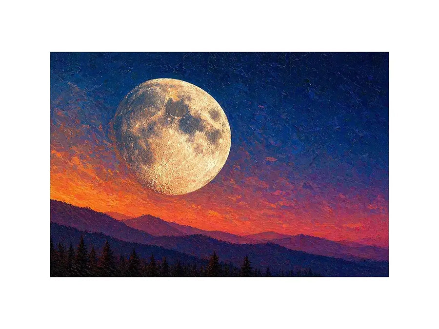 moon landscape wall art, full moon sky canvas print, night sky mountain artwork, celestial moon painting modern decor, dramatic sky moon illustration