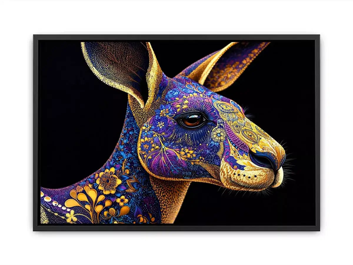 kangaroo wall art luxury animal print, ornate animal portrait canvas, decorative kangaroo artwork gold pattern, modern animal illustration wall decor, detailed wildlife art print
