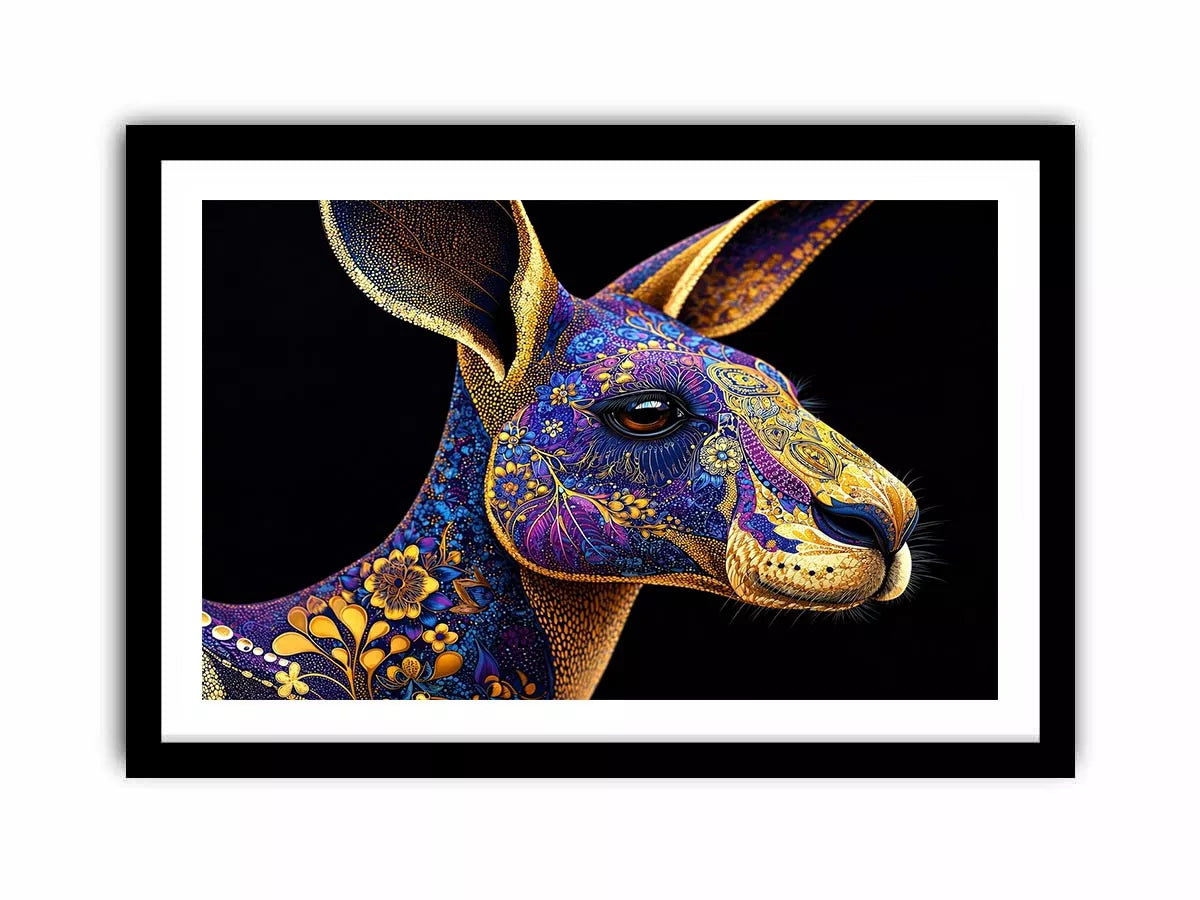 kangaroo wall art luxury animal print, ornate animal portrait canvas, decorative kangaroo artwork gold pattern, modern animal illustration wall decor, detailed wildlife art print