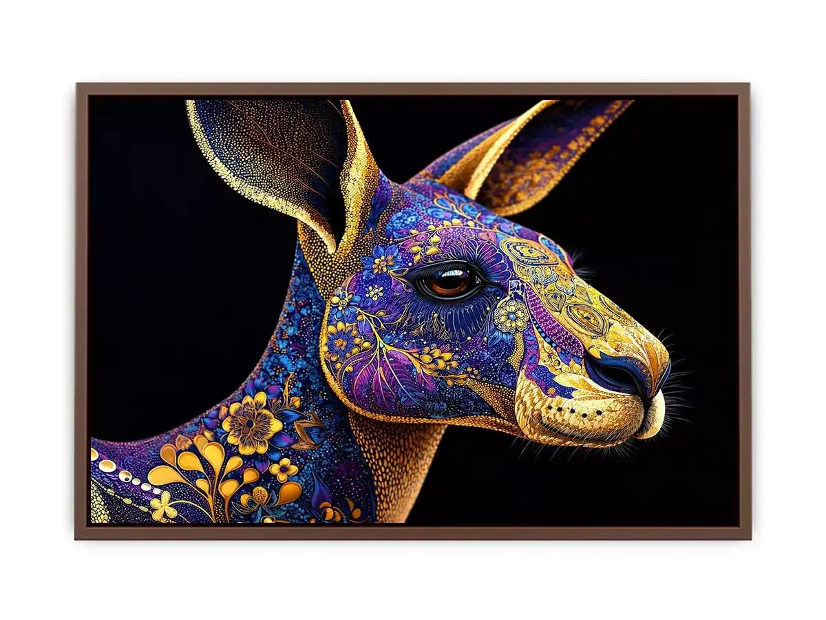kangaroo wall art luxury animal print, ornate animal portrait canvas, decorative kangaroo artwork gold pattern, modern animal illustration wall decor, detailed wildlife art print