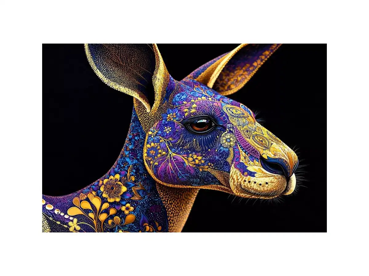 kangaroo wall art luxury animal print, ornate animal portrait canvas, decorative kangaroo artwork gold pattern, modern animal illustration wall decor, detailed wildlife art print