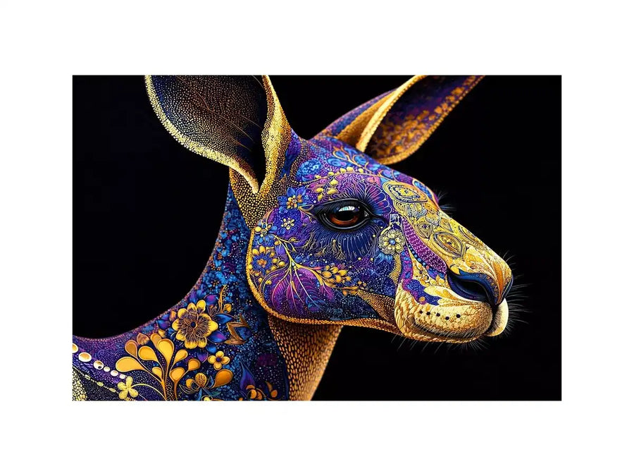kangaroo wall art luxury animal print, ornate animal portrait canvas, decorative kangaroo artwork gold pattern, modern animal illustration wall decor, detailed wildlife art print