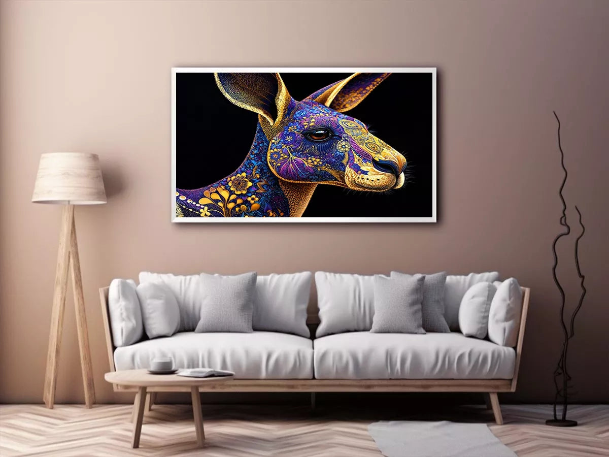 kangaroo wall art luxury animal print, ornate animal portrait canvas, decorative kangaroo artwork gold pattern, modern animal illustration wall decor, detailed wildlife art print
