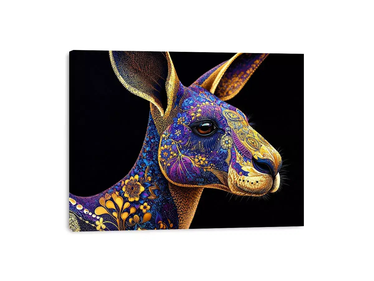 kangaroo wall art luxury animal print, ornate animal portrait canvas, decorative kangaroo artwork gold pattern, modern animal illustration wall decor, detailed wildlife art print