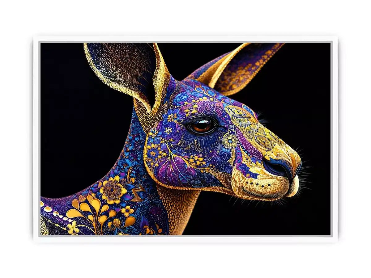 kangaroo wall art luxury animal print, ornate animal portrait canvas, decorative kangaroo artwork gold pattern, modern animal illustration wall decor, detailed wildlife art print
