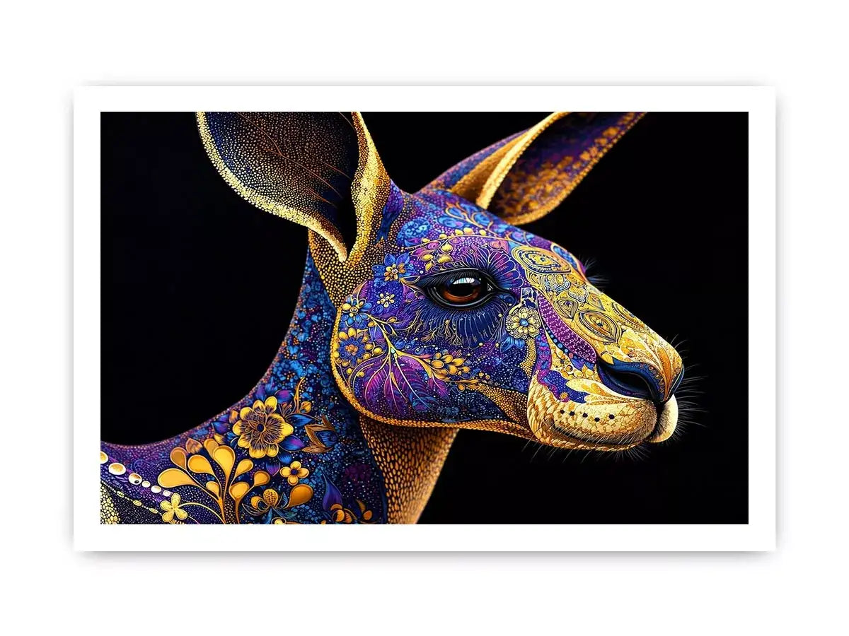 kangaroo wall art luxury animal print, ornate animal portrait canvas, decorative kangaroo artwork gold pattern, modern animal illustration wall decor, detailed wildlife art print