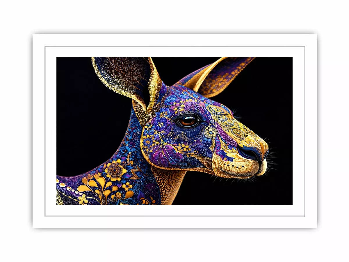 kangaroo wall art luxury animal print, ornate animal portrait canvas, decorative kangaroo artwork gold pattern, modern animal illustration wall decor, detailed wildlife art print