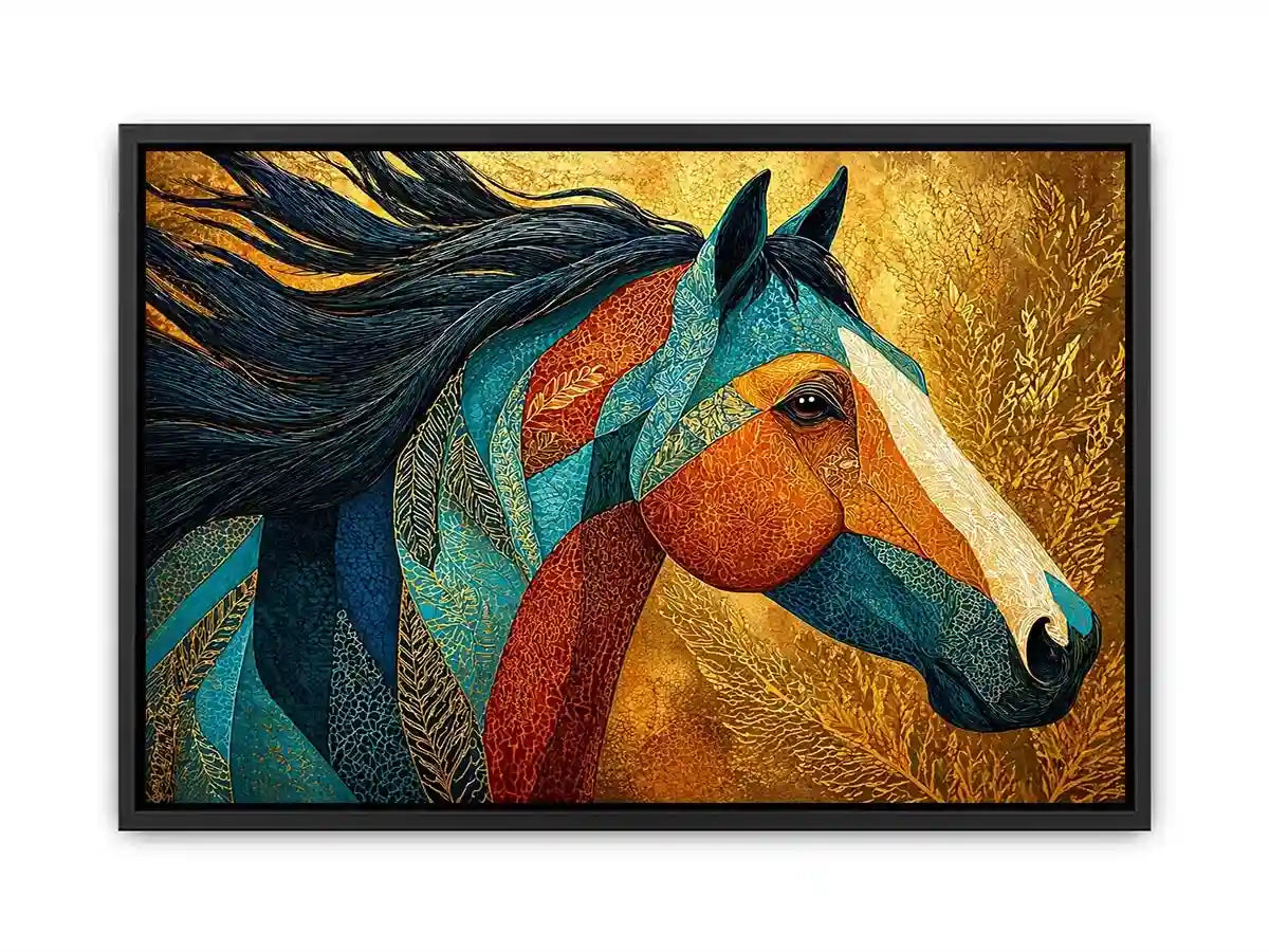 luxury horse wall art, ornate horse portrait canvas, gold textured horse painting, modern animal artwork decor, stylized horse illustration print