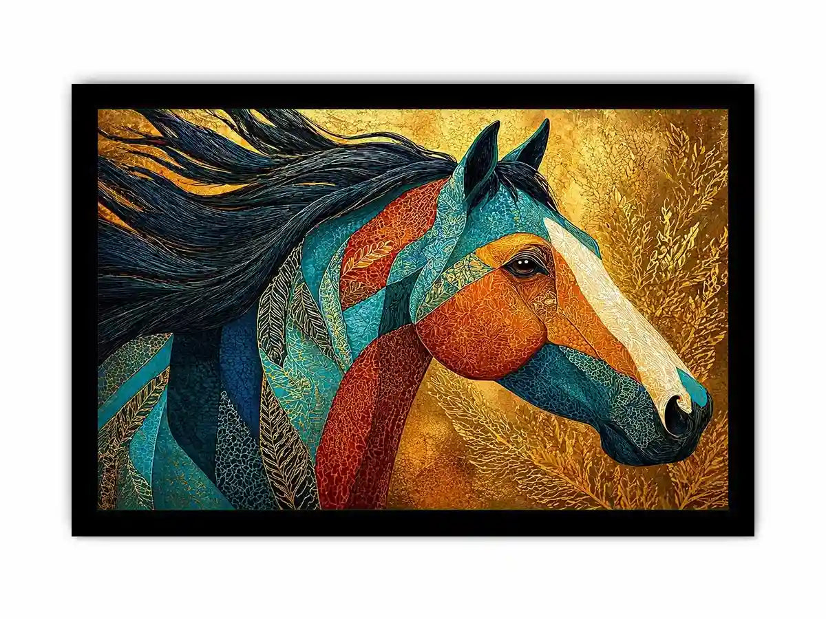 luxury horse wall art, ornate horse portrait canvas, gold textured horse painting, modern animal artwork decor, stylized horse illustration print