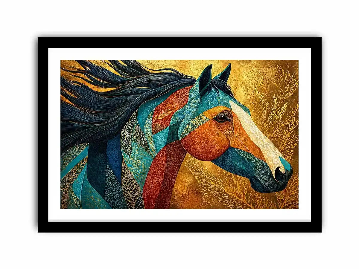 luxury horse wall art, ornate horse portrait canvas, gold textured horse painting, modern animal artwork decor, stylized horse illustration print