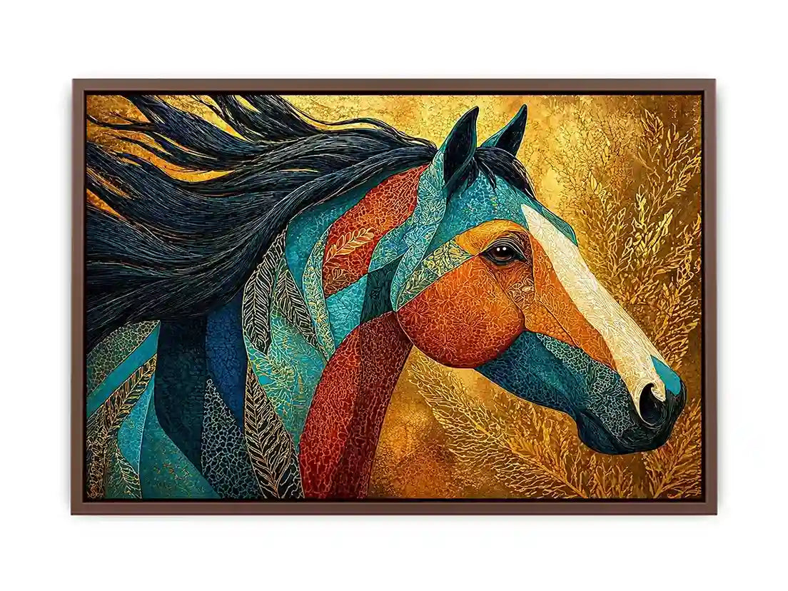 luxury horse wall art, ornate horse portrait canvas, gold textured horse painting, modern animal artwork decor, stylized horse illustration print