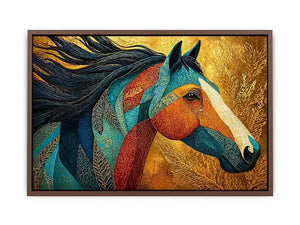 luxury horse wall art, ornate horse portrait canvas, gold textured horse painting, modern animal artwork decor, stylized horse illustration print