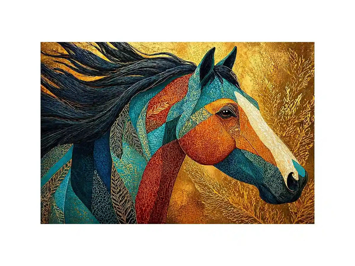 luxury horse wall art, ornate horse portrait canvas, gold textured horse painting, modern animal artwork decor, stylized horse illustration print