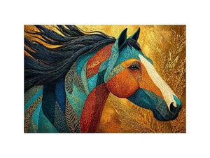 luxury horse wall art, ornate horse portrait canvas, gold textured horse painting, modern animal artwork decor, stylized horse illustration print