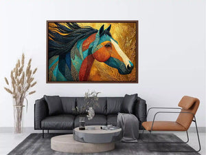 luxury horse wall art, ornate horse portrait canvas, gold textured horse painting, modern animal artwork decor, stylized horse illustration print